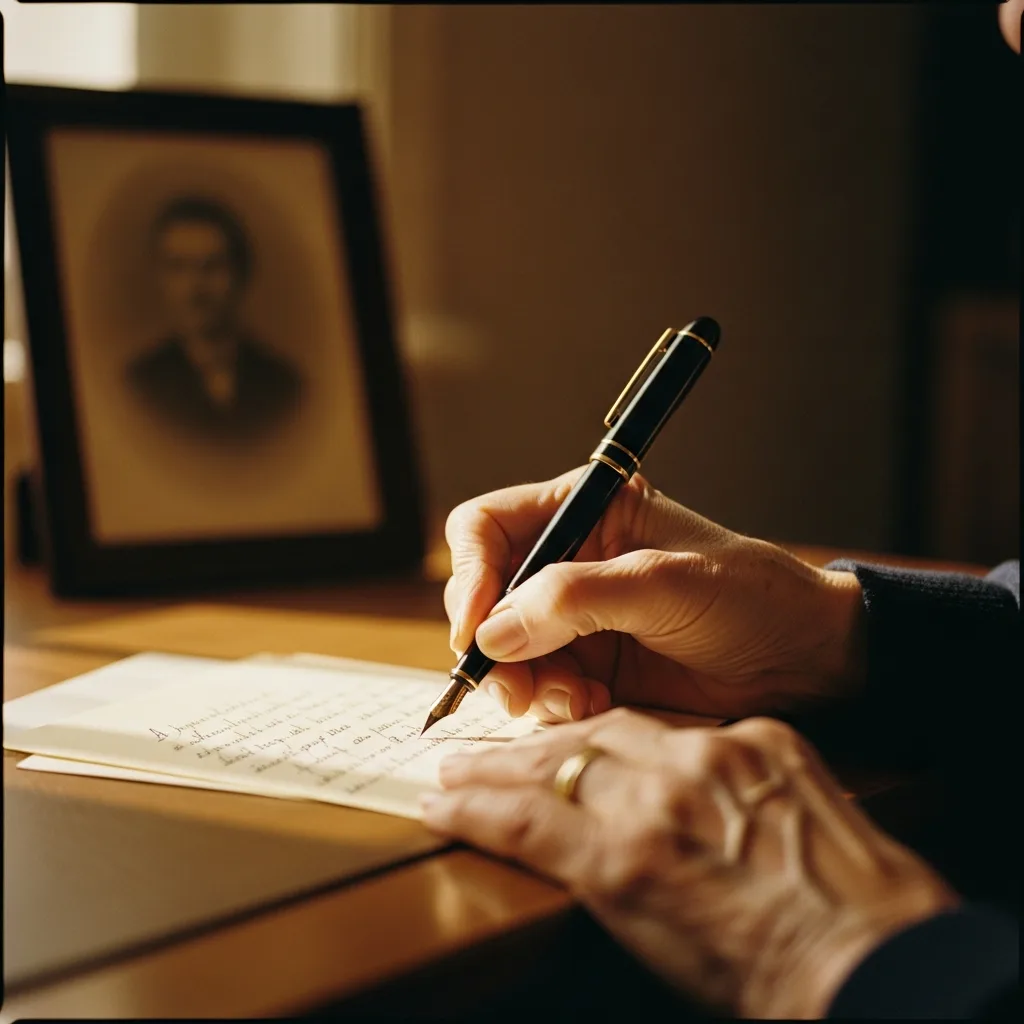 Mani che scrivono una lettera a penna accanto a una fotografia incorniciata